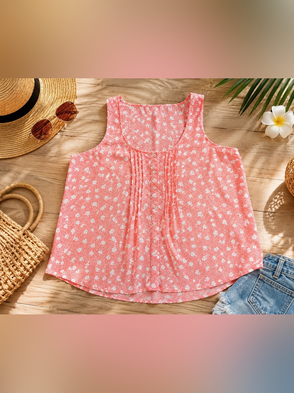 Torrid Coral Floral Sleeveless Blouse Size 0 Plus Peach Button Front Tank Top